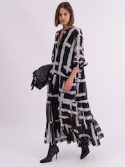 Religion Black Sunset Maxi Shirt Dress With A Tiered Boho Style Skirt In Abstract Prints - Image 1 of 6