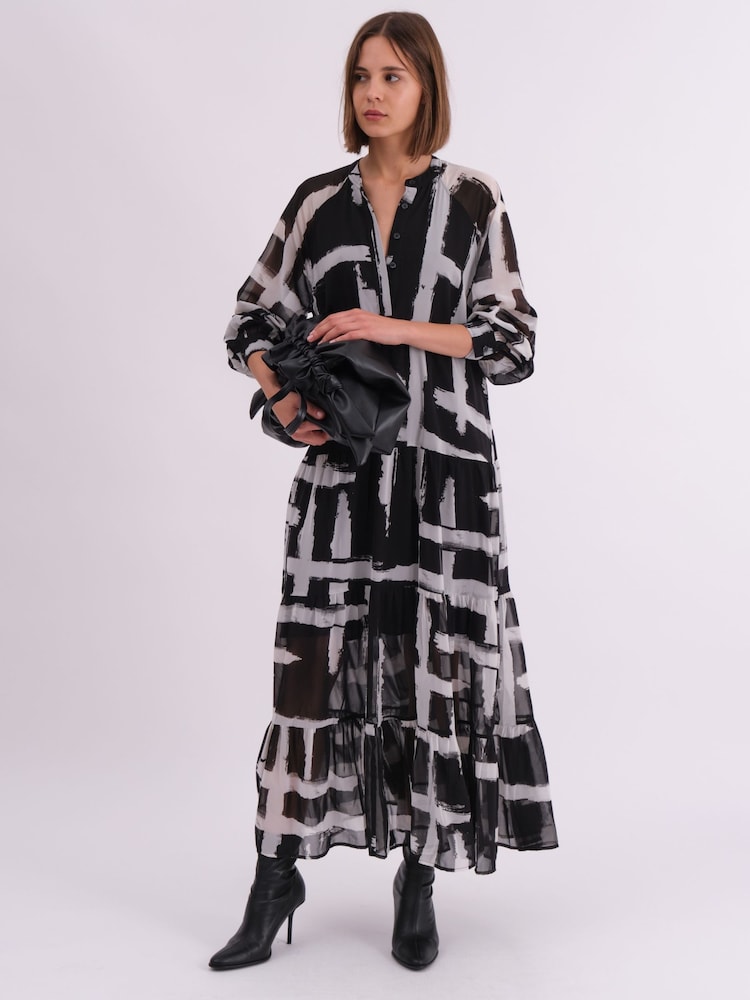 Religion Black Sunset Maxi Shirt Dress With A Tiered Boho Style Skirt In Abstract Prints - Image 4 of 6