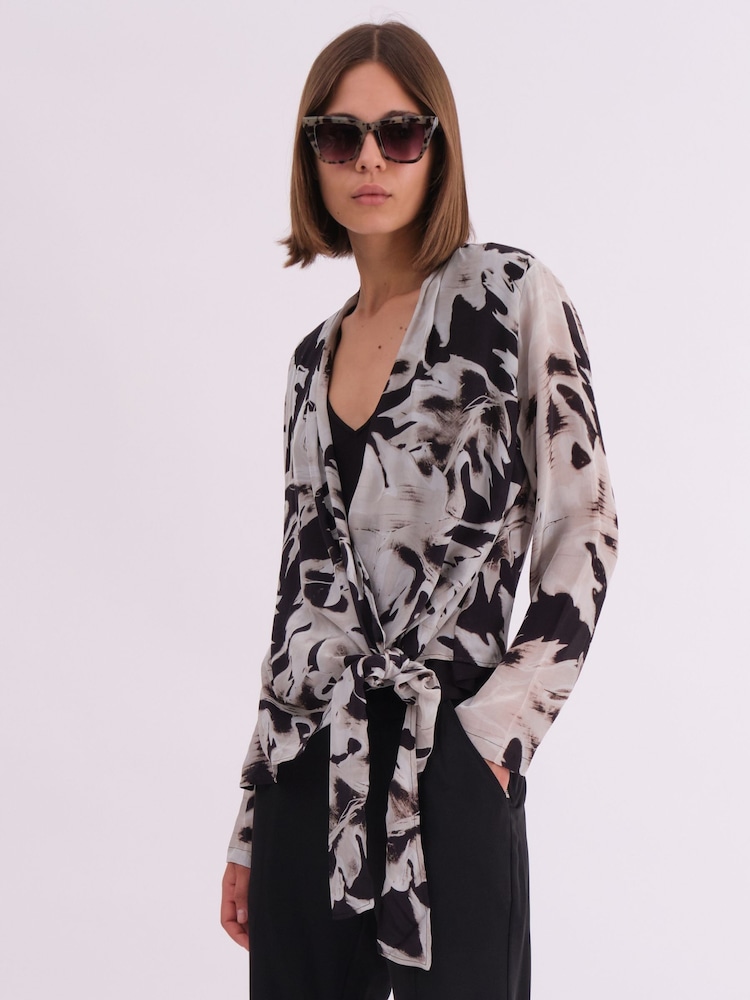 Religion Black Infinity Wrap Top With Tie Front in Hand-Painted Prints - Image 2 of 6