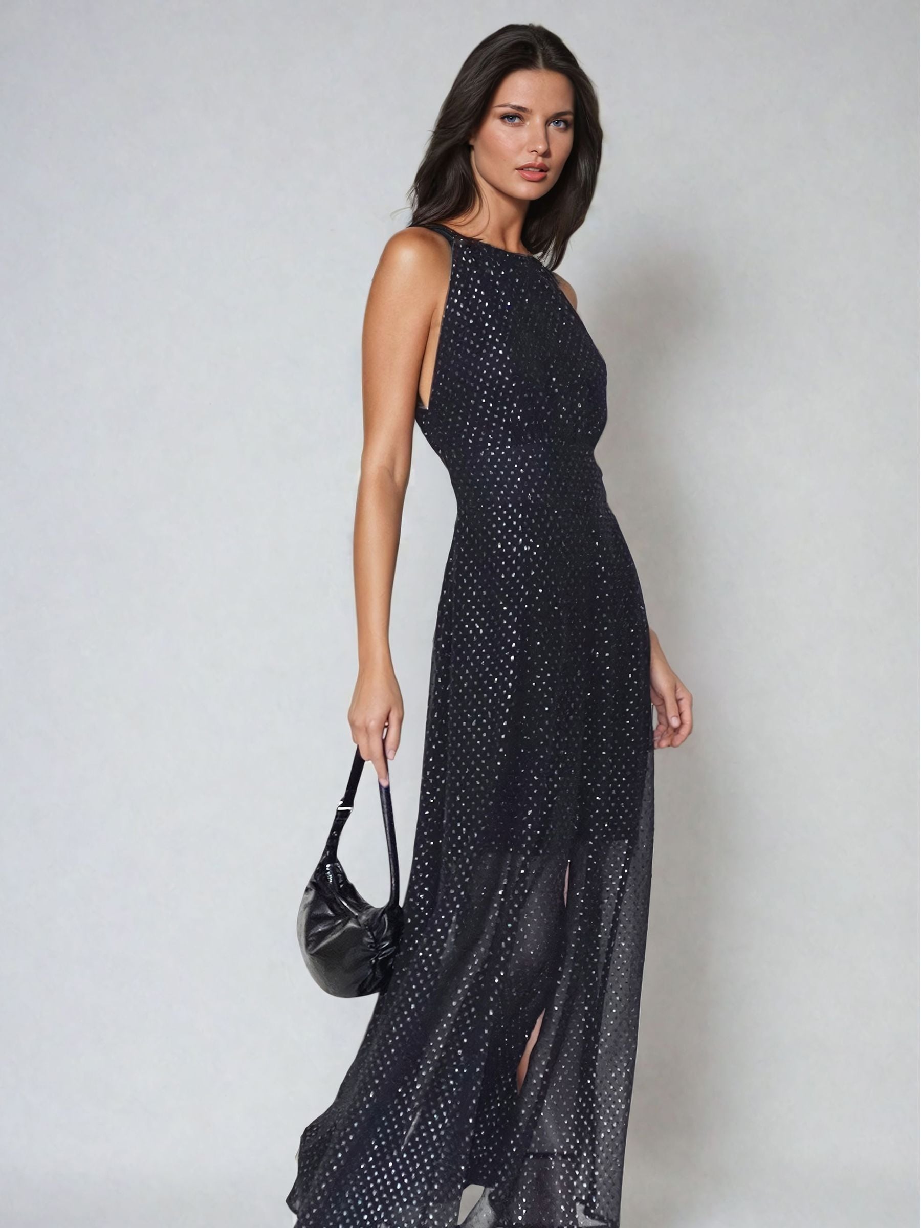 Xatia Off White Jacquard Textured High Slit Maxi Dress