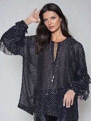 Religion Black Oversized Pyrite Sheer Tunic Blouse in Gunmetal Metallic Spot - Image 1 of 1