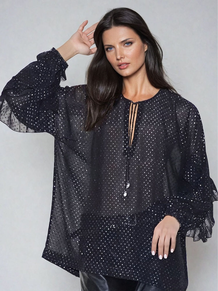 Religion Black Oversized Pyrite Sheer Tunic Blouse in Gunmetal Metallic Spot - Image 1 of 1