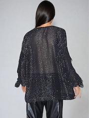 Religion Black Oversized Pyrite Sheer Tunic Blouse in Gunmetal Metallic Spot - Image 2 of 4