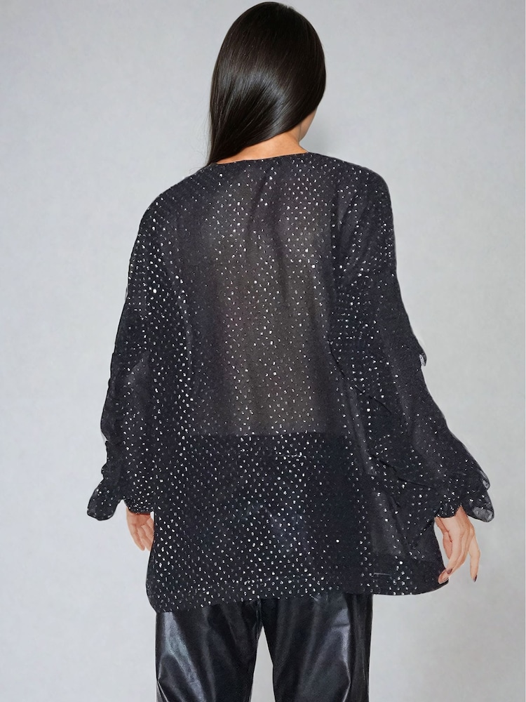 Religion Black Oversized Pyrite Sheer Tunic Blouse in Gunmetal Metallic Spot - Image 2 of 4