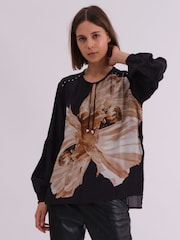 Religion Blouse com floral abstrata grande  Print e no pescoço Tie - Imagem 1 de 7