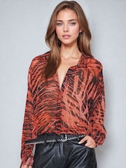 Religion Natural Oversized Georgette Shirt With High Low Hem In Hand Painted Prints - Image 1 of 6