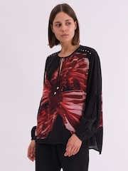 Religion Red Twist Blouse With Large Abstract Floral Placement Print And Neck Tie - Image 1 of 6