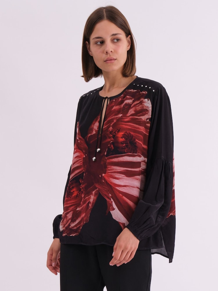 Religion Red Twist Blouse With Large Abstract Floral Placement Print And Neck Tie - Image 1 of 6