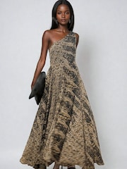 Religion Brown Signature One Shoulder Maxi Dress With Full Multi Layered Skirt - Image 1 of 6