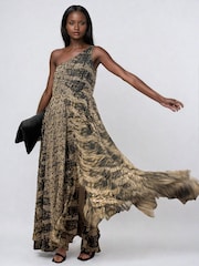 Religion Brown Signature One Shoulder Maxi Dress With Full Multi Layered Skirt - Image 4 of 6