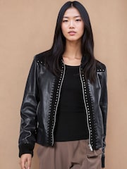 Religion Black Nova Leather Suede Bomber Jacket With Heavily Studded and Embroidered - Image 1 of 7