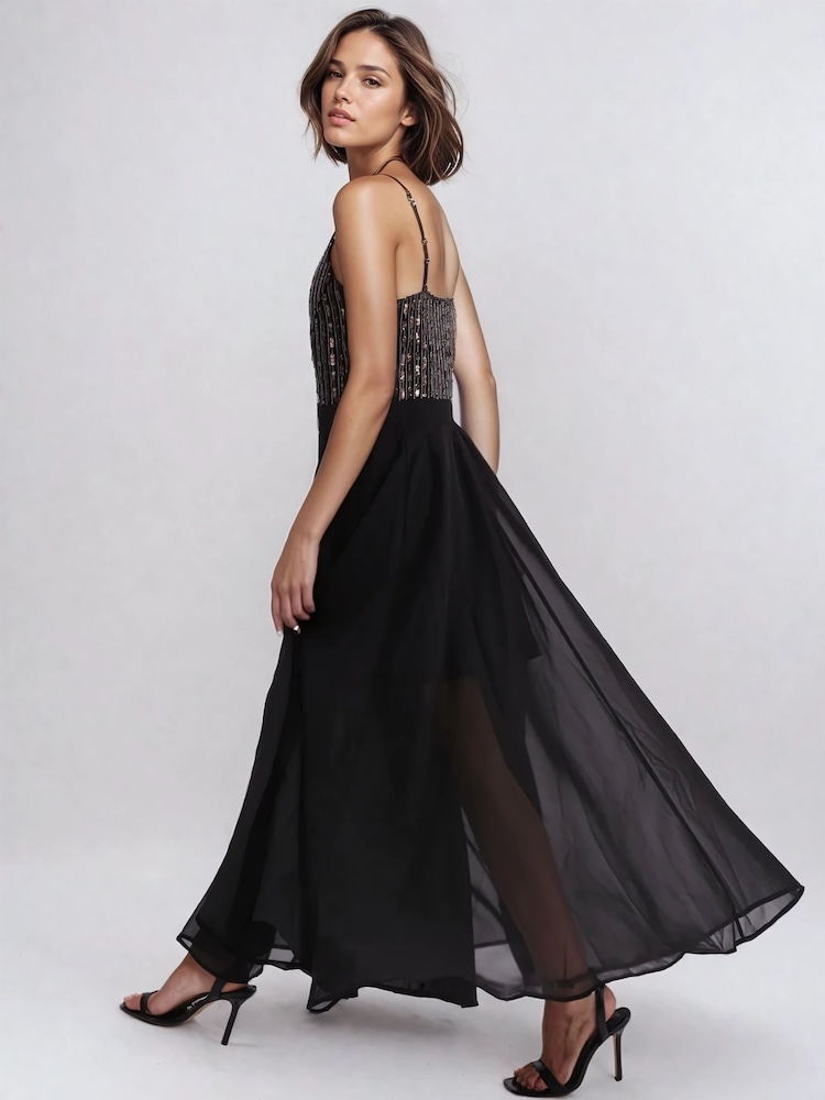 Religion Black Lucy Maxi Dress With Hand Beaded Bodice And Full Sheer Skirt - Image 3 of 5