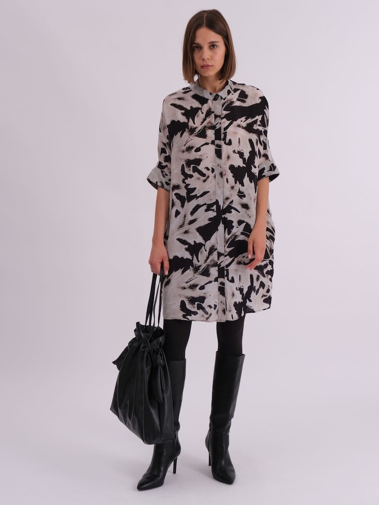Religion Black/white Oversized Twist Tunic Dress with Large Leopard Leaf Print - Image 1 of 6