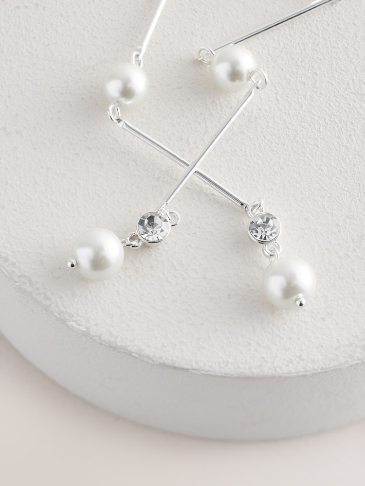 Silver Tone Bridal Pearl Effect Drop Earrings - Image 3 of 3