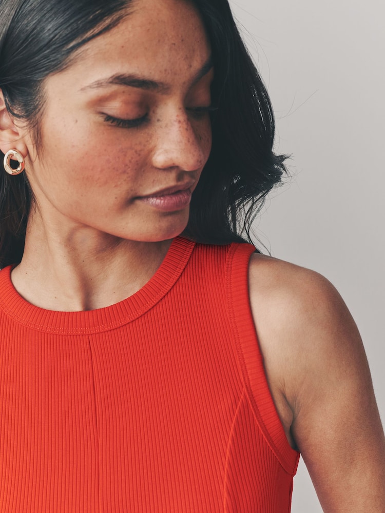 Red Woven Jersey Mix Sleeveless Racer Ribbed Midi Dress - Image 2 of 5 Red Woven Jersey Mix Sleeveless Racer Ribbed Midi Dress - Image 2 of 5
