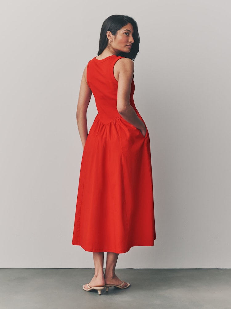 Rood - Mouwloze geribbelde midi-jurk van geweven jerseymix - Image 3 of 5