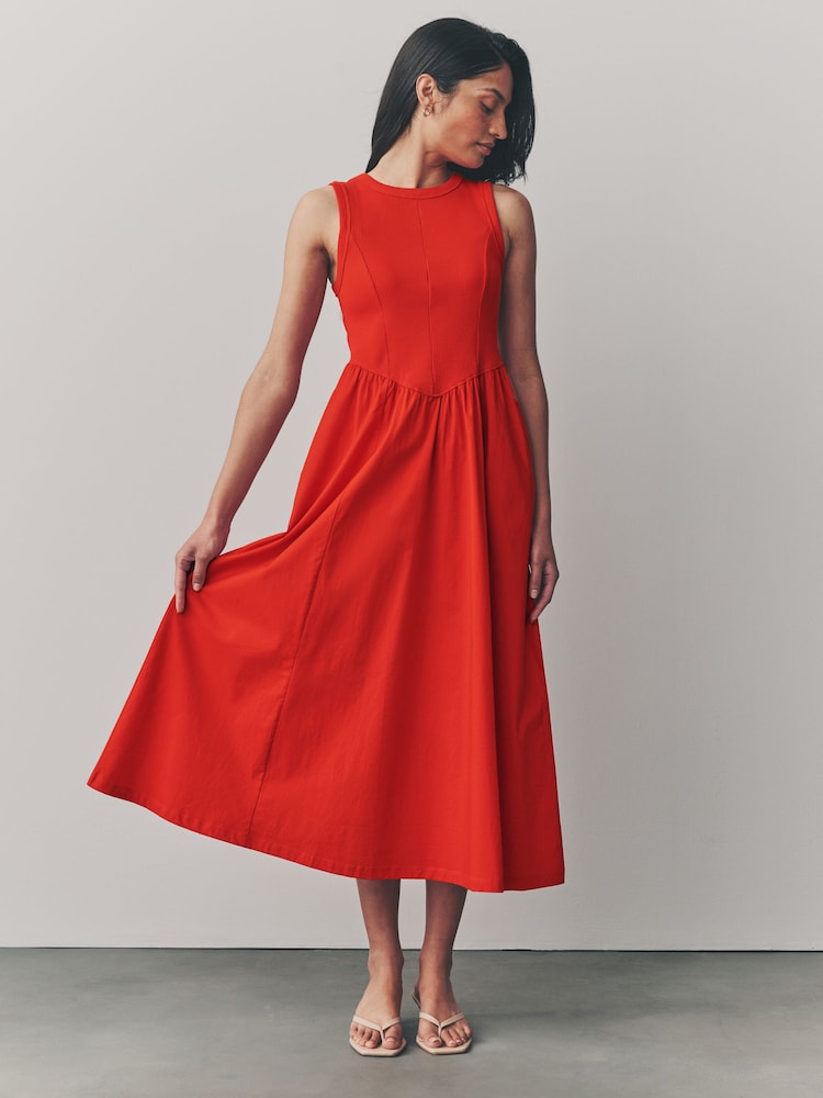 Red Woven Jersey Mix Sleeveless Racer Ribbed Midi Dress - Image 5 of 5 Red Woven Jersey Mix Sleeveless Racer Ribbed Midi Dress - Image 5 of 5
