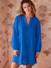 Cobalt Blue Long Sleeve Broderie Summer Mini Dress - Image 2 of 7