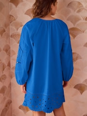 Cobalt Blue Long Sleeve Broderie Summer Mini Dress - Image 3 of 7