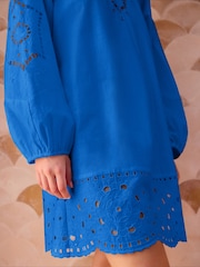 Cobalt Blue Long Sleeve Broderie Summer Mini Dress - Image 4 of 7