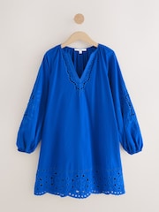 Cobalt Blue Long Sleeve Broderie Summer Mini Dress - Image 5 of 7