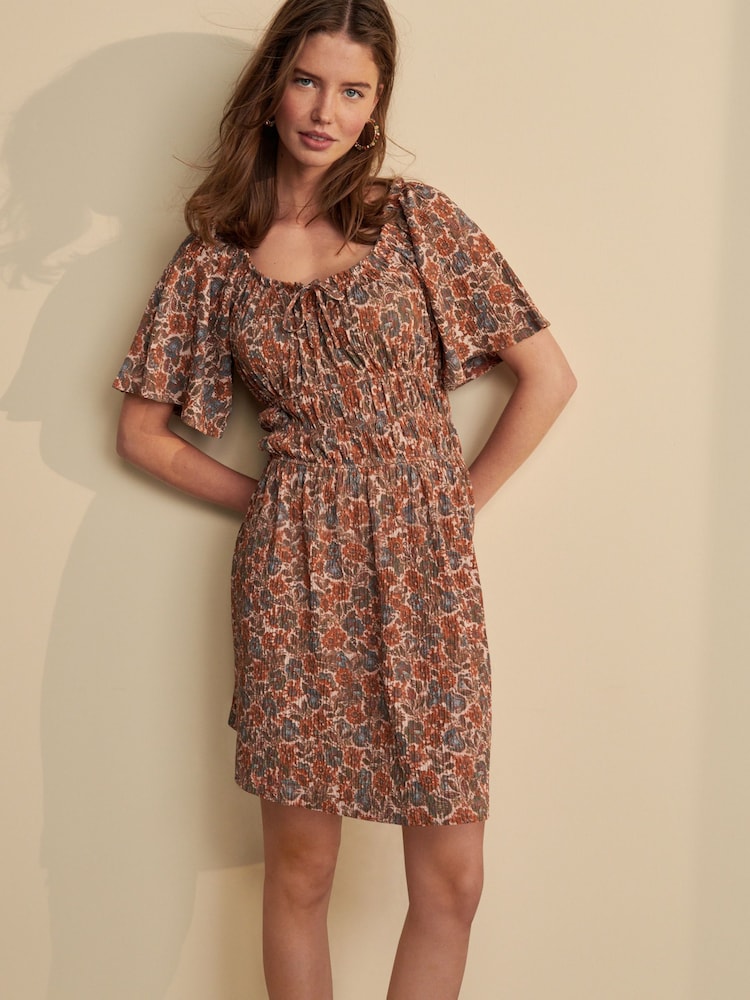 Light Pink Ditsy Floral Short Sleeve Tie Front Jersey Mini Dress - Image 1 of 2