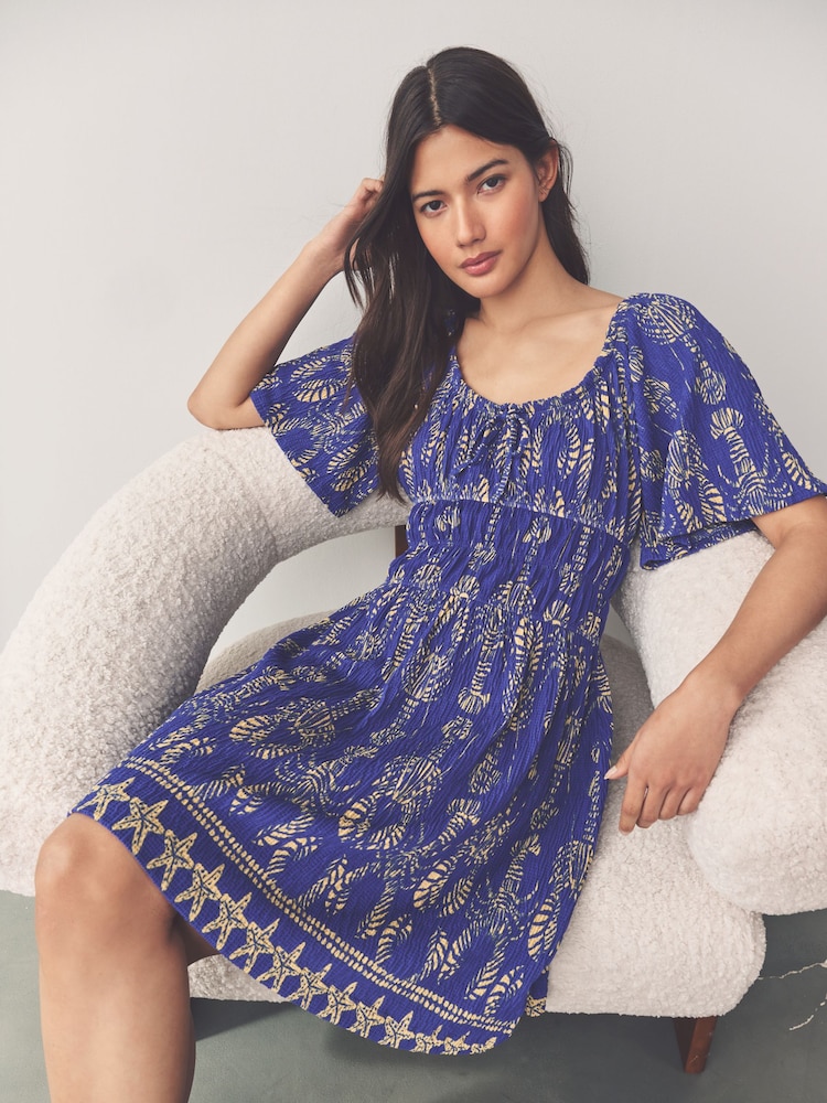 Cobalt Blue Crab Print Short Sleeve Tie Front Jersey Mini Dress - Image 1 of 6