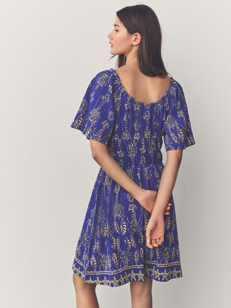 Cobalt Blue Crab Print Short Sleeve Tie Front Jersey Mini Dress - Image 2 of 6