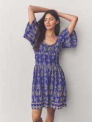 Cobalt Blue Crab Print Short Sleeve Tie Front Jersey Mini Dress - Image 3 of 6