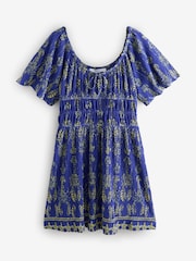 Cobalt Blue Crab Print Short Sleeve Tie Front Jersey Mini Dress - Image 4 of 6