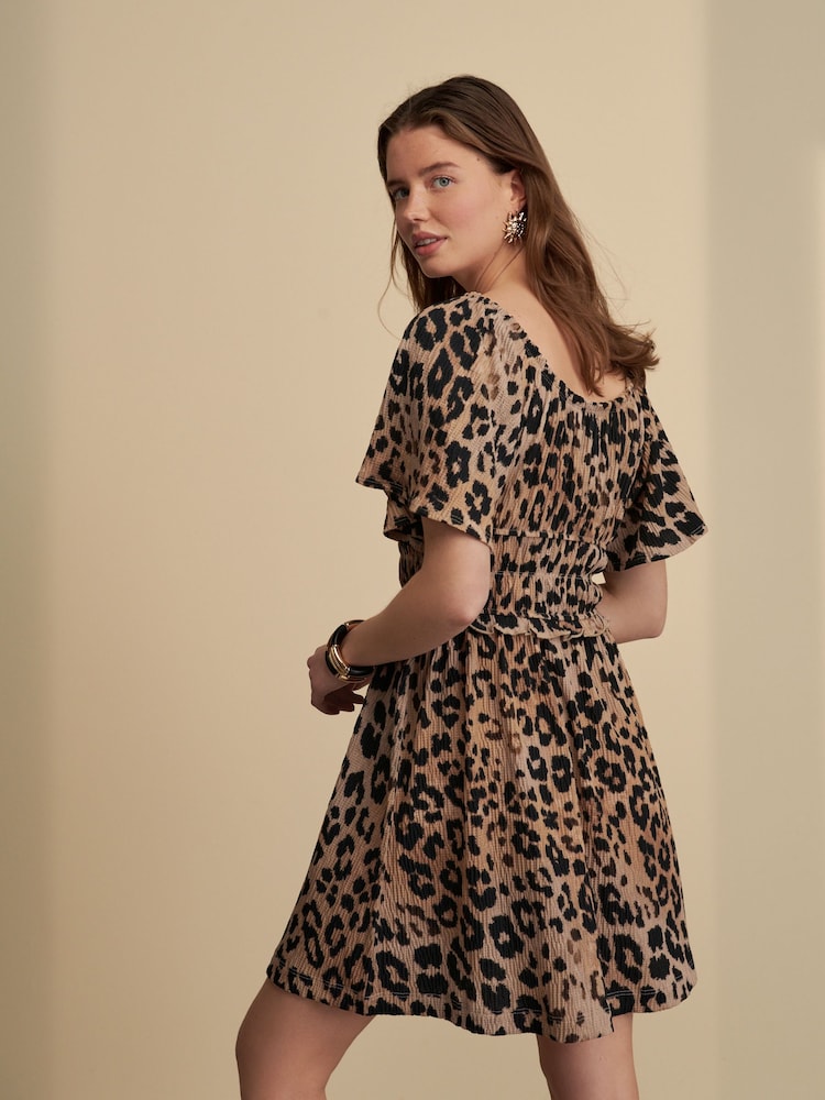 Leopard Print Short Sleeve Tie Front Jersey Mini Dress - Image 2 of 7 Leopard Print Short Sleeve Tie Front Jersey Mini Dress - Image 2 of 7