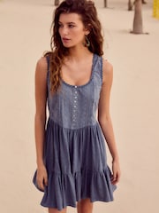 Washed Indigo Blue Embroidery Corset Waist Mini 100% Cotton Dress - Image 2 of 7