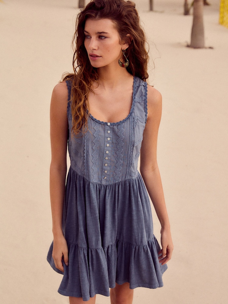 Washed Indigo Blue Embroidery Corset Waist Mini 100% Cotton Dress - Image 2 of 7