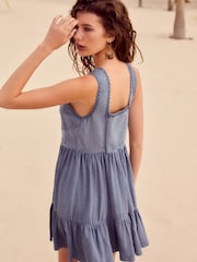 Washed Indigo Blue Embroidery Corset Waist Mini 100% Cotton Dress - Image 3 of 7