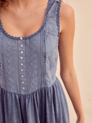 Washed Indigo Blue Embroidery Corset Waist Mini 100% Cotton Dress - Image 4 of 7