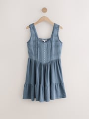 Washed Indigo Blue Embroidery Corset Waist Mini 100% Cotton Dress - Image 5 of 7