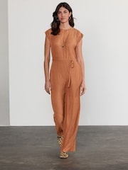 Rust Brown Wide Leg Tie Waist Textured Jumpsuit - Image 1 of 7