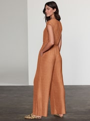 Rust Brown Wide Leg Tie Waist Textured Jumpsuit - Image 2 of 7