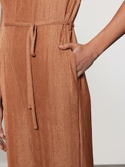 Rust Brown Wide Leg Tie Waist Textured Jumpsuit - Image 4 of 7