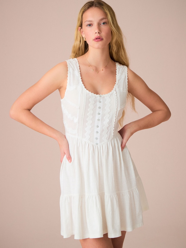 White Embroidery Corset Waist Mini 100% Cotton Dress - Image 1 of 5