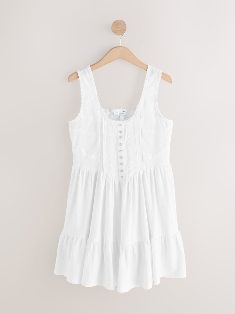 White Embroidery Corset Waist Mini 100% Cotton Dress - Image 3 of 5