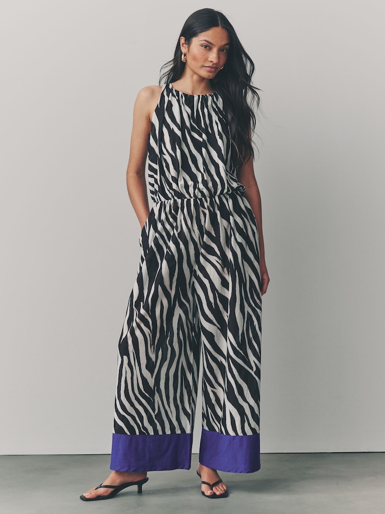 Ecru Zebra Sleeveless Wide Leg 100% Cotton Jumpsuit - Image 1 of 8