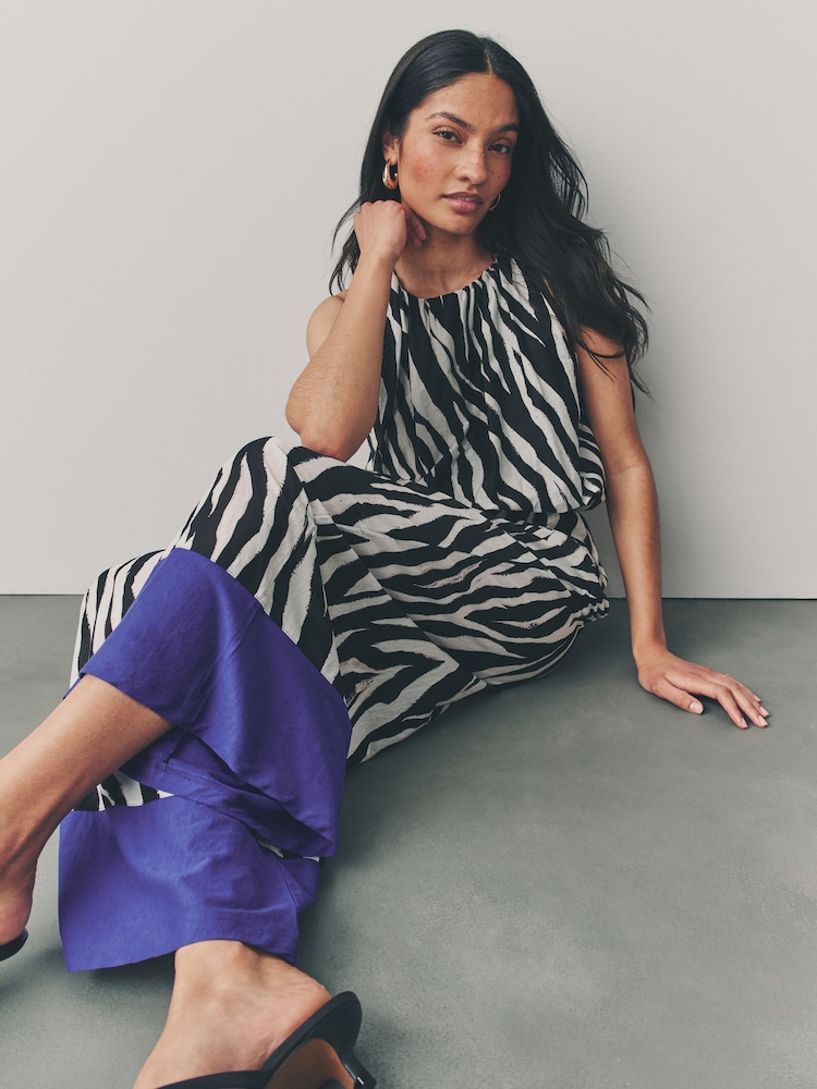 Ecru Zebra Sleeveless Wide Leg 100% Cotton Jumpsuit - Image 2 of 8