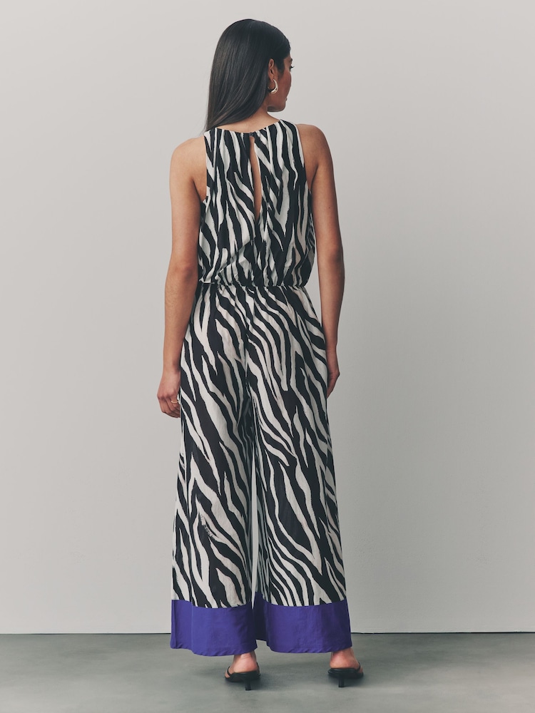 Ecru Zebra Sleeveless Wide Leg 100% Cotton Jumpsuit - Image 3 of 8