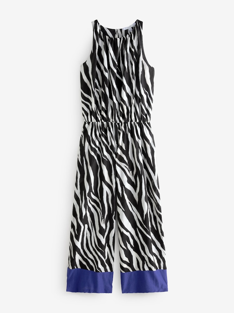 Ecru Zebra Sleeveless Wide Leg 100% Cotton Jumpsuit - Image 6 of 8