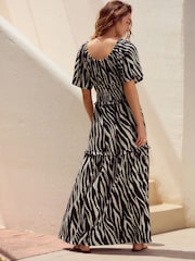 Black/White Animal Zebra Print Short Sleeve Jersey Tie Front Textured Midi Dress - Image 2 of 6