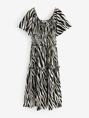 Black/White Animal Zebra Print Short Sleeve Jersey Tie Front Textured Midi Dress - Image 4 of 6