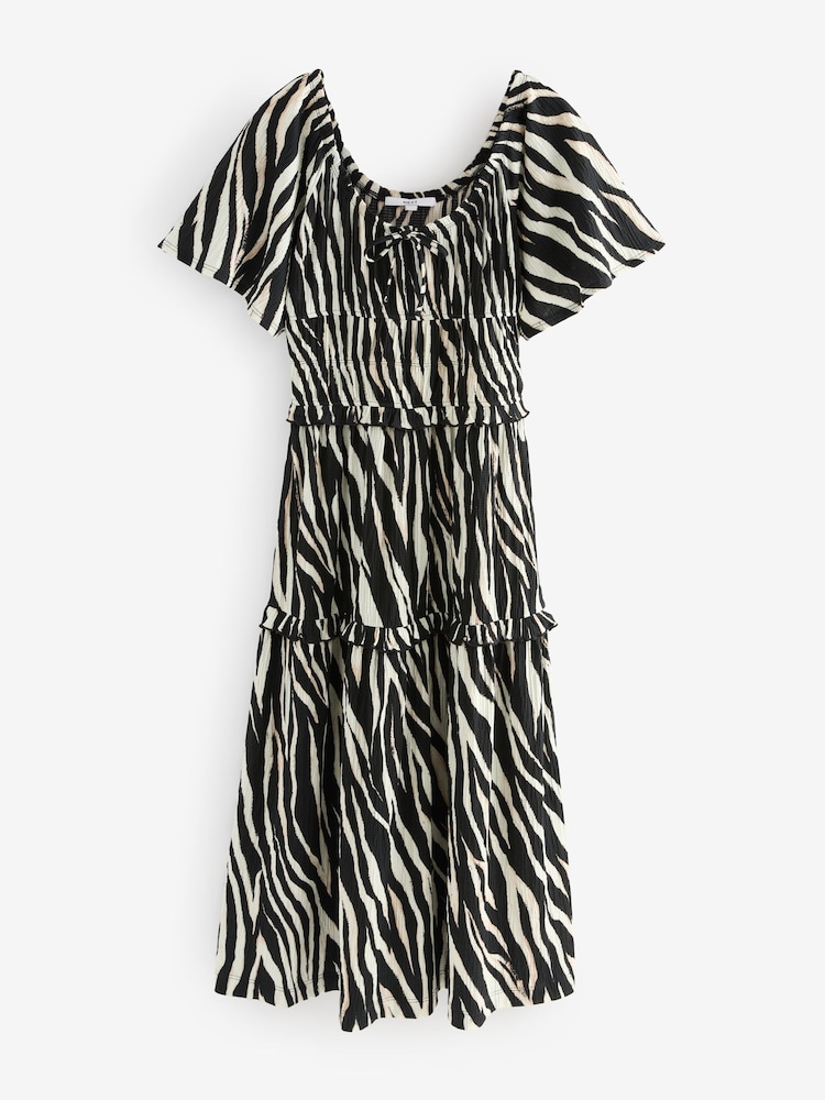 Noir/Blanc Animal Imprimé zèbres - Manches courtes Jersey Cravate Front Textured Mi-long Robe - Image 4 of 6