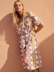 Cream Geometric Print Short Sleeve Tie Waist Midi Dress with Linen - Image 1 of 1