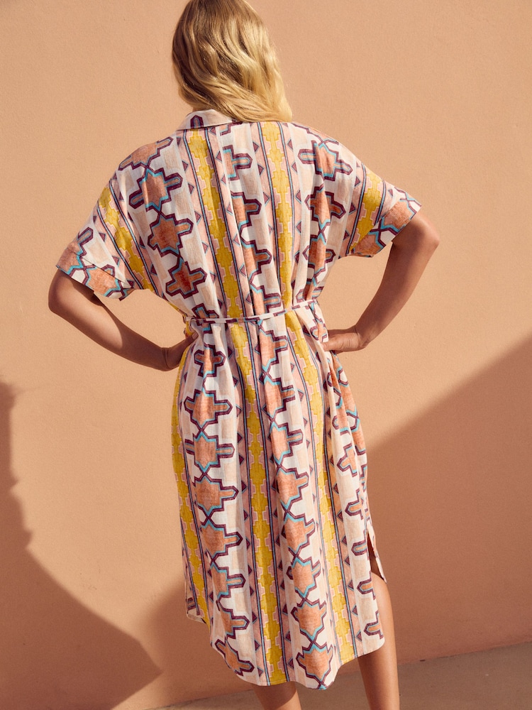 Cream Geometric Print Short Sleeve Tie Waist Midi Dress with Linen - Image 2 of 6